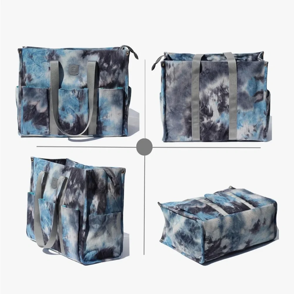 Corduroy Stylish Blue Tie-Dye Zipper Top Waterproof Sturdy Tote Bag - Picture 4 of 5